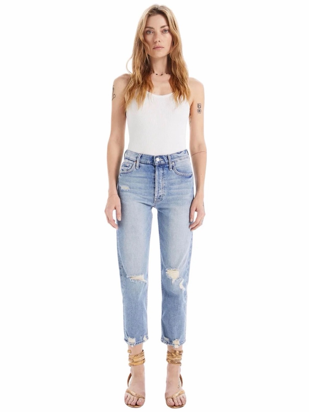Mother “The Tomcat Distressed Cropped Straight Leg Jeans”
